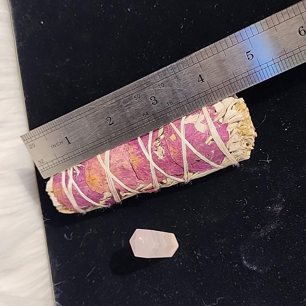 Romance Sage Bundle has dried rose petals with Rose Quartz mini tower - Picture 3 of 6